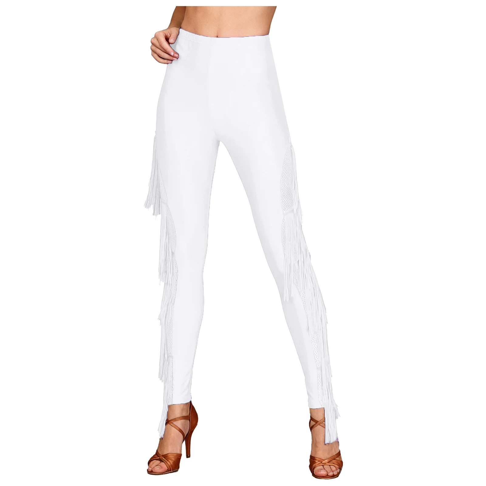 Women Latin Chacha Dance Leggings Side Sheer Mesh Tiered Tassel Elastic Waistband Skinny Pants Tfor Tango Salsa Dance Costume