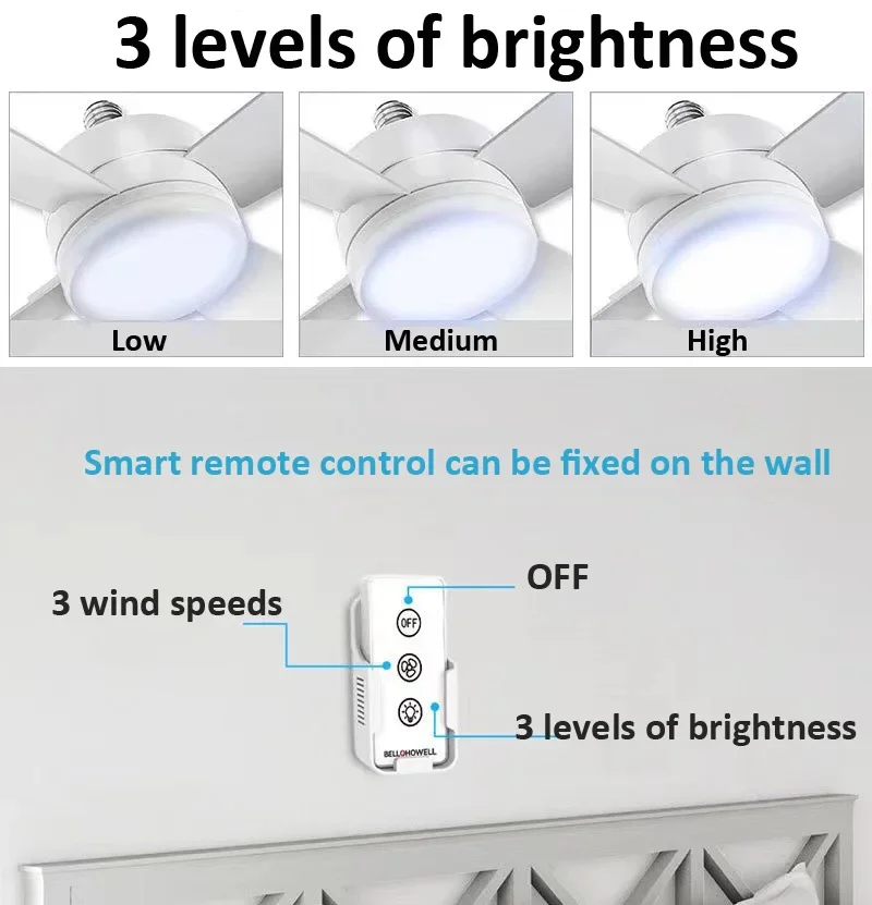 Imagem -02 - Ventilador de Teto com Luz Led Ventilador Soquete Inteligente Controle Remoto Lâmpada para Quarto Sala de Estar Cozinha 1000lm 5000k E27 30w