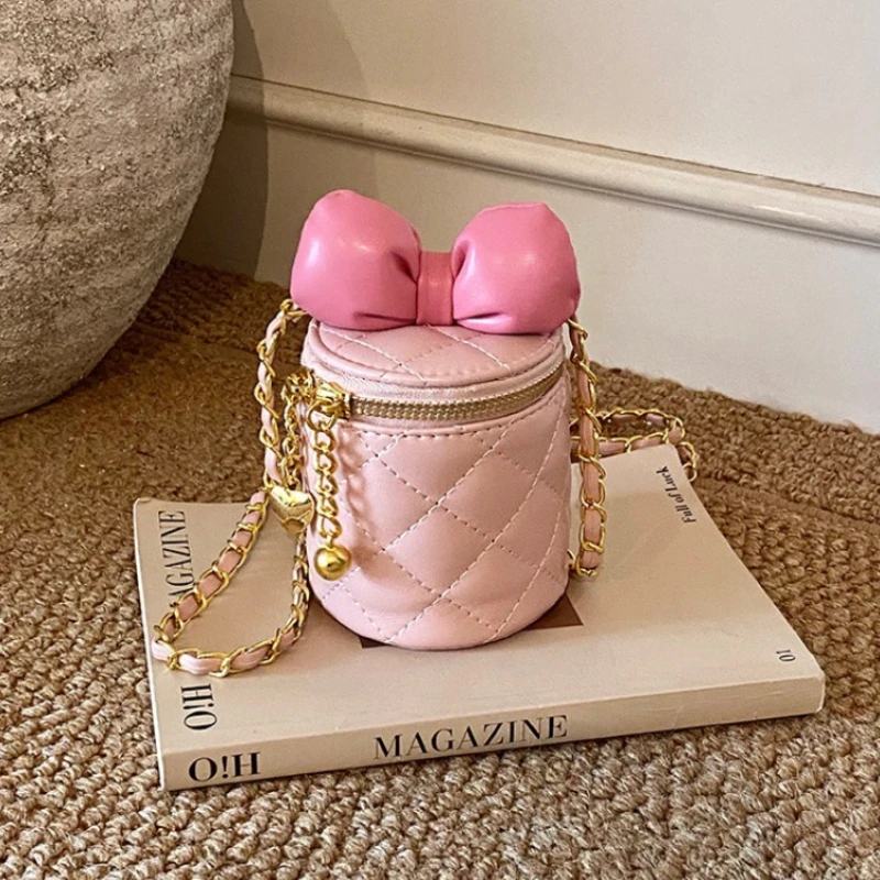 

Корейский стиль, милый бант, детские сумки-ведра, контрастный цвет, сумка через плечо с цепочкой для маленьких девочек, стеганый дизайн, детский кошелек для монет