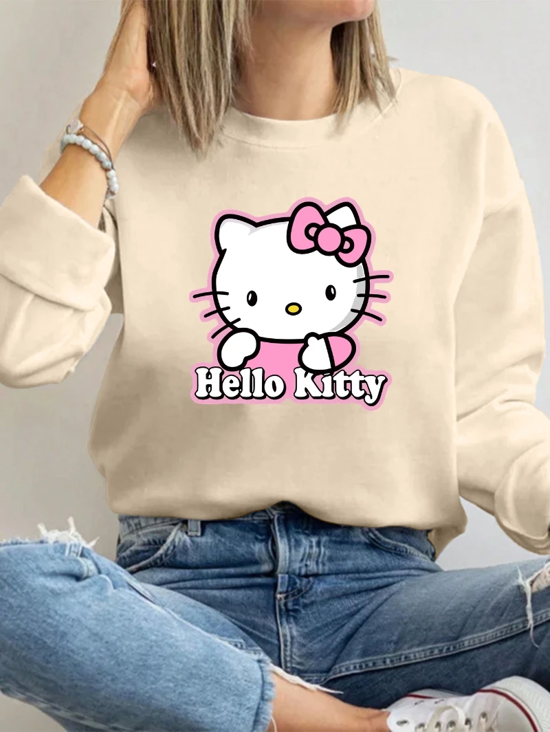 여성용 헬로 키티 그래픽 긴 소매 크루넥 스웨트셔츠 - 아이코닉한 디자인의 소프트 핑크 캐주얼 풀오버