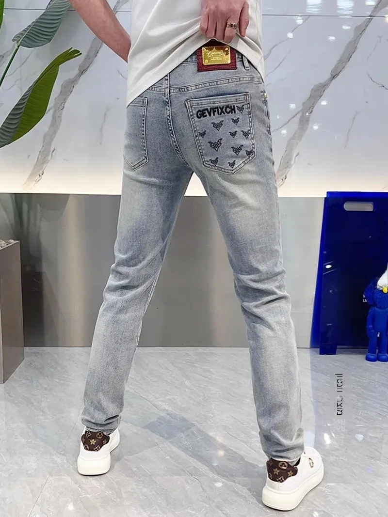 

Spring Summer Men's Slim Fit Jeans Fashionable Washed Elastic mid Waist Cuffed Long Trousers Youth Trend Breathable Casual
