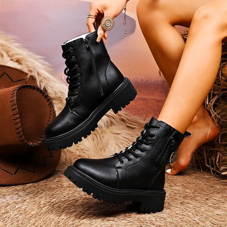 Mid length boots for children in autumn and winter 2025 new lace up British style fashionable long boots for women