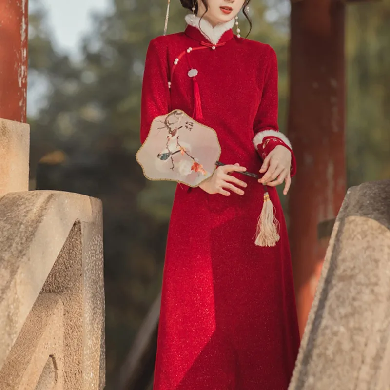 Женское новогоднее платье Cheongsam для косплея, утолщенное зимнее платье с длинными рукавами, тонкое элегантное китайское традиционное Ципао для новогоднего наряда