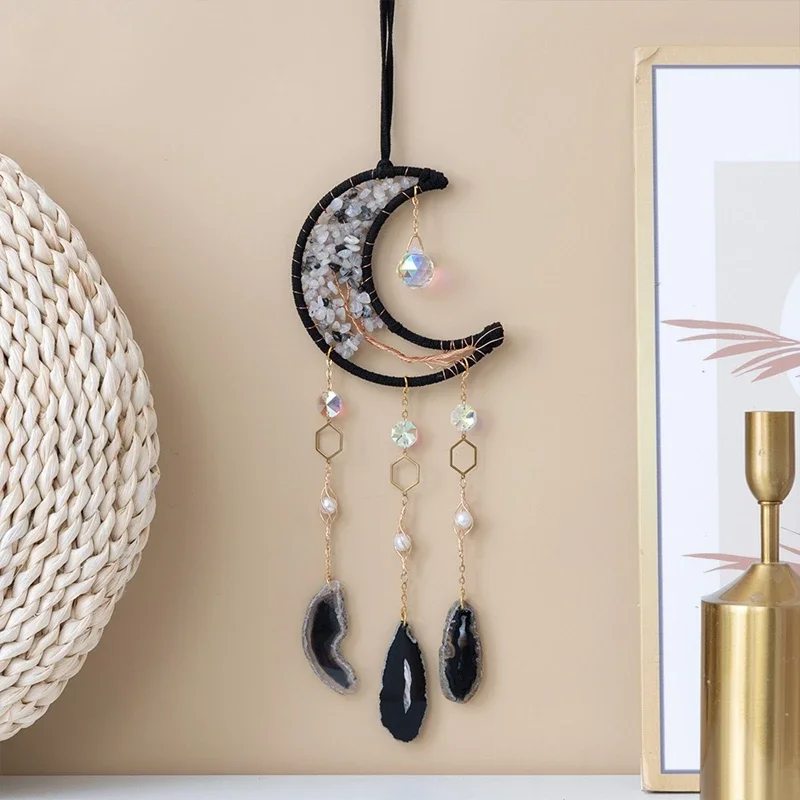 Crystal Moon Wind Chimes Black Sun Catchers Window Hangings Handmade Car Pendants Home Decor For Girls Holiday Birthday Gifts
