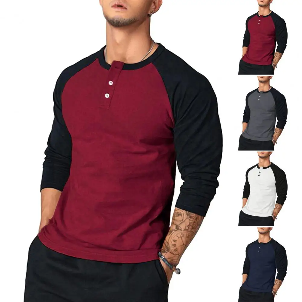 T-Shirt Met Ronde Hals En Knoopsluiting Heren Slim Fit T-Shirt Met Lange Mouwen En O-Hals Kleur Bijpassende Patchwork Mid Length Voor Heren