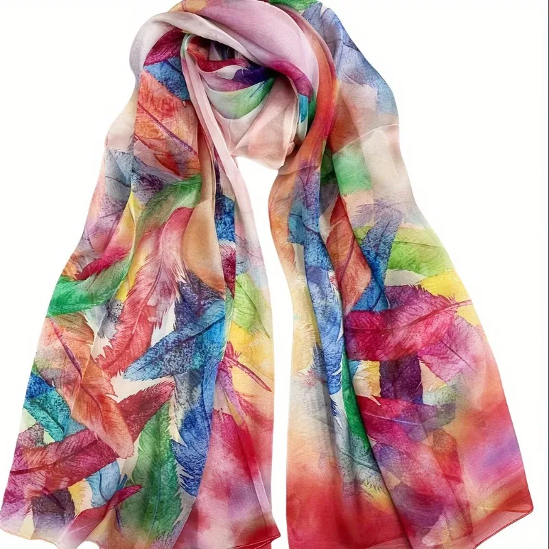 Lightweight 100% Mulberry Silk Chiffon Scarf for Women Oblong Shawl Neck Scarf Beach Wrap Headscarf Gift Pack Multicolor Feather
