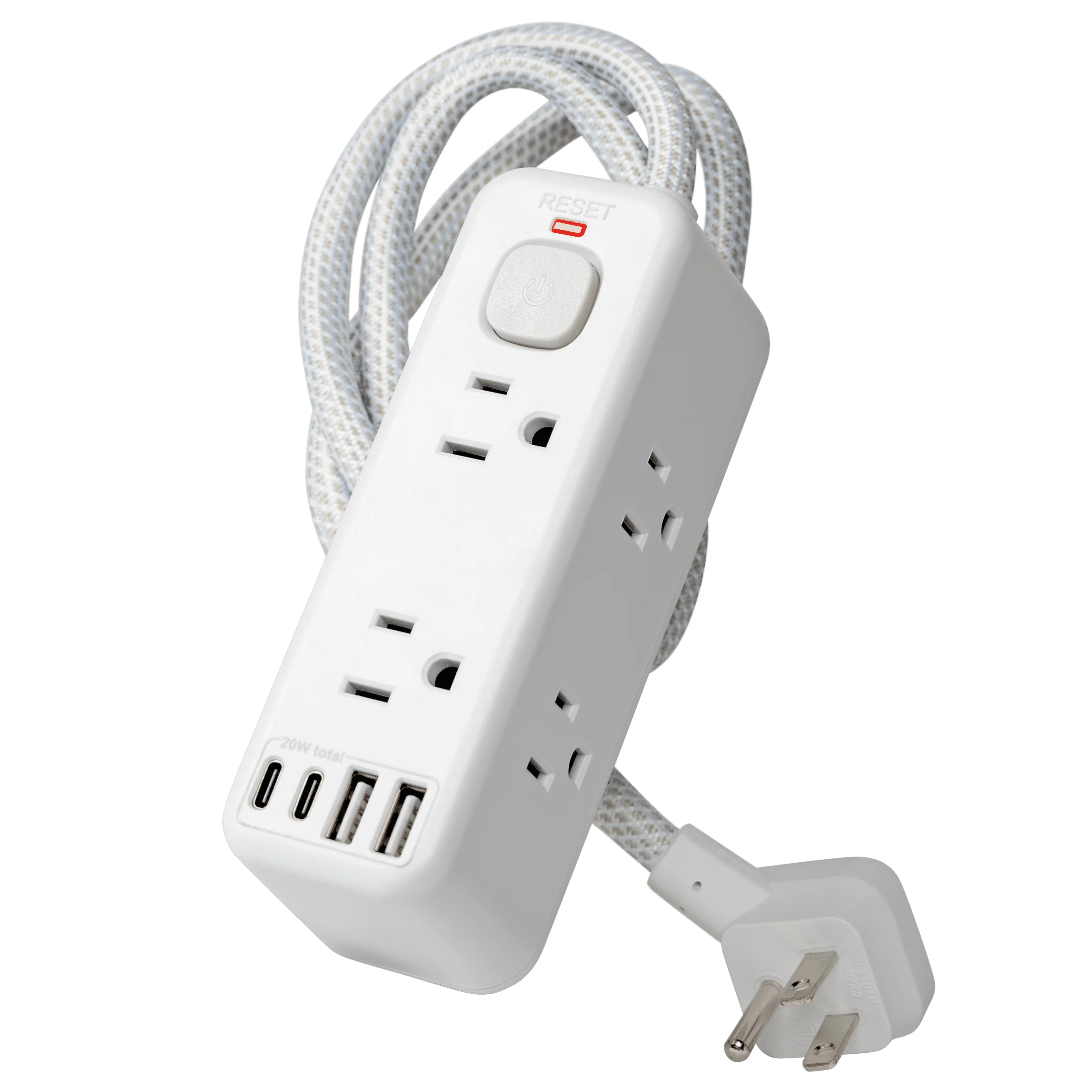Hyper Tough USB Power Strip, 3ft Extension Cord, 6 Outlet, USB-A, USB-C, 900J Surge Protector, White