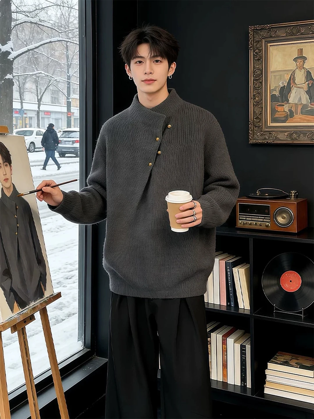 

American Retro Men's Knitted Sweater f High Collar Winter Irregular Button Design Loose Fit Lazy Coat Warm Soft Comfortable