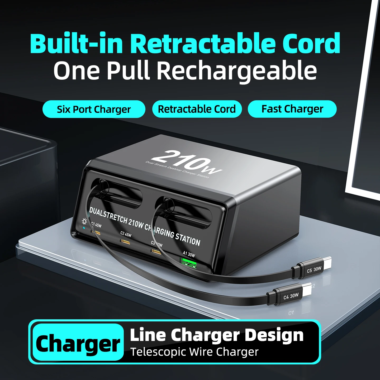 

Зарядная станция 6 в 1, 210 Вт с выдвижным кабелем USB-C, быстрое зарядное устройство для HUAWEI iPhone AirPods, несколько устройств