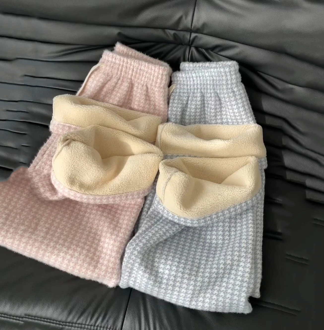 Pink Checkered Pants Women's 2025 Autumn Winter New Lazy Casual Faux Lambswool Thick Cotton Pants Houndstooth Wide Leg Trousers