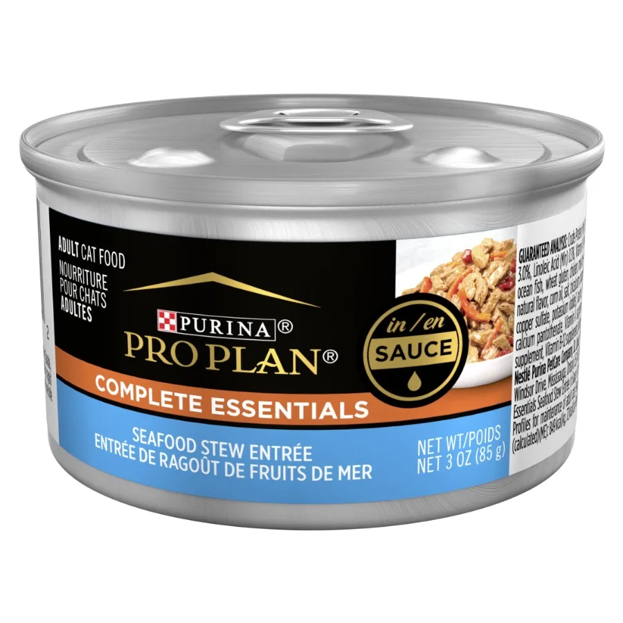 Comida Húmeda para Gatos Adultos, Estofado de Mariscos Complete Essentials, Sabor Oceánico con Atún y Camarones en Salsa, Latas de 3 oz, Paquete de 24, Sin Granos