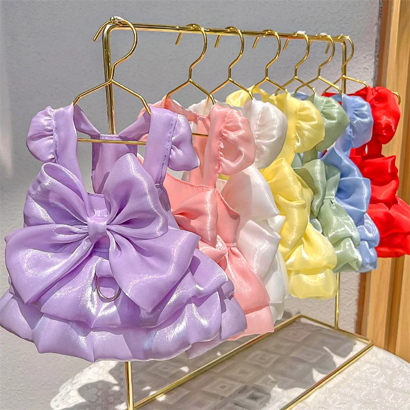 Luxury Girls Dog Weeding Dress Summer 7 Colors Bowtie Princess Dog Clothes D-Ring Cat Prom Dresses For Small Dogs Bichon Skirt