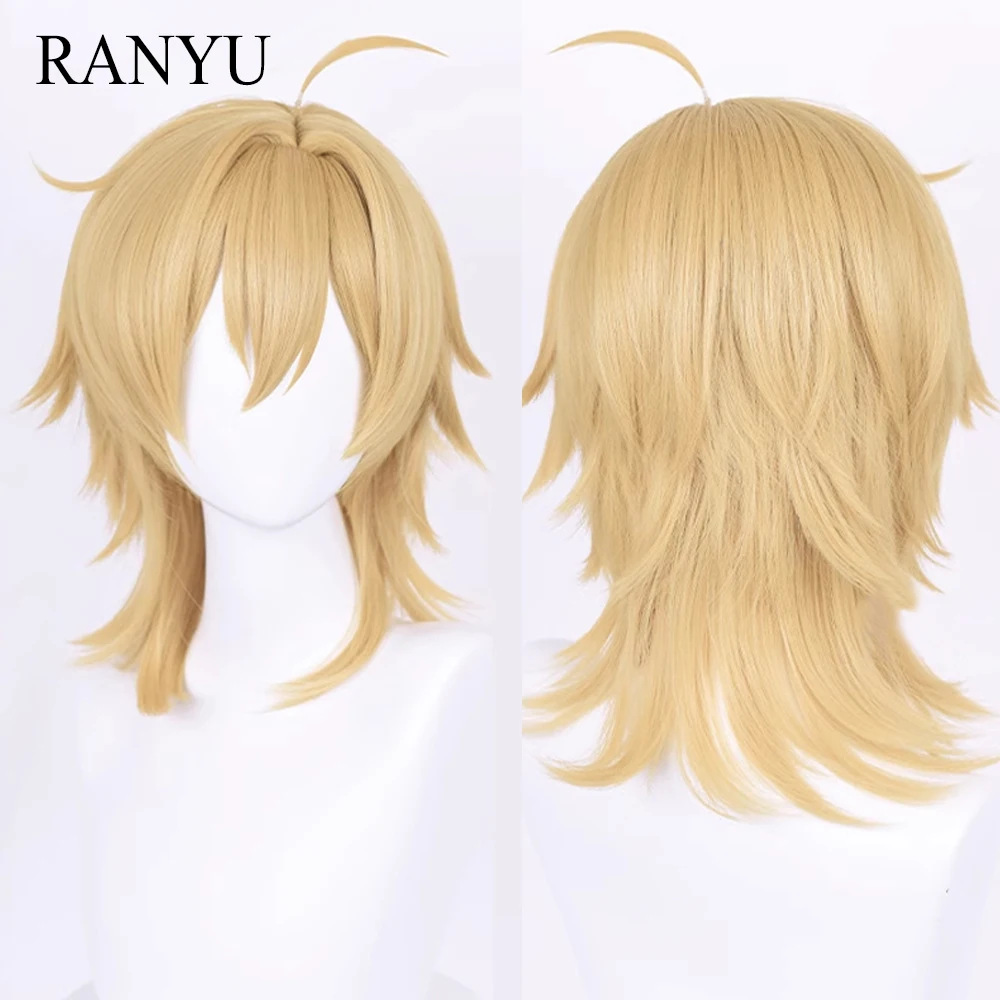 Synthetic Short Straight Blonde Mullet Head Wig with Bangs Fluffy Anime Game Cosplay Hair Heat Resistant Wig for Daily Party