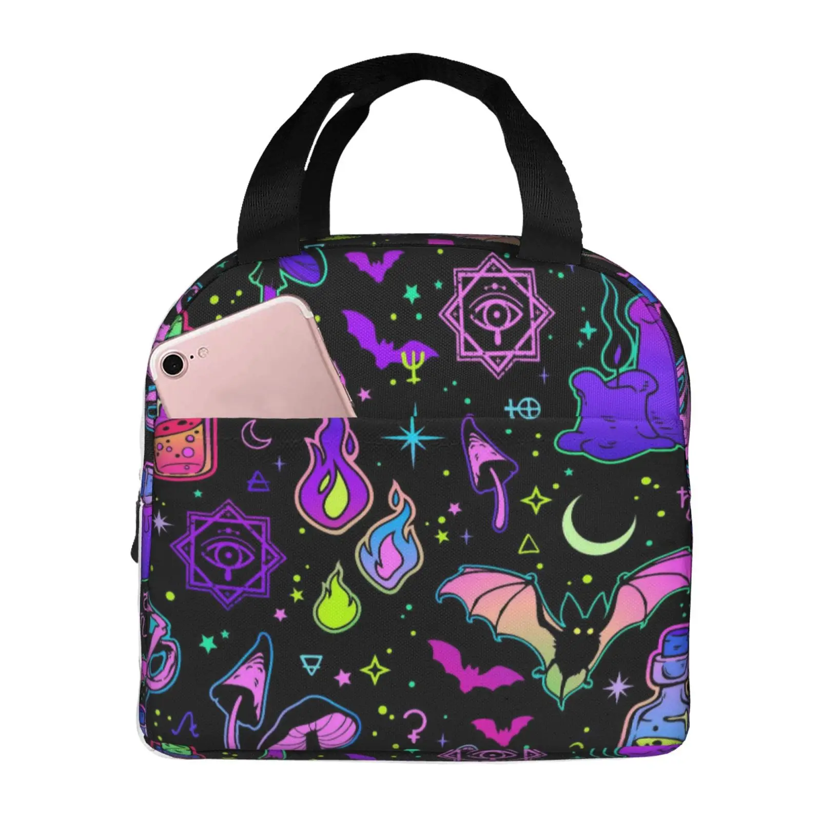 Star Moon Mushroom Fire Print Lunch Bags Insulated Bento Box Lunch Tote Leakproof Picnic Bags Thermal Bag for Woman Girl School