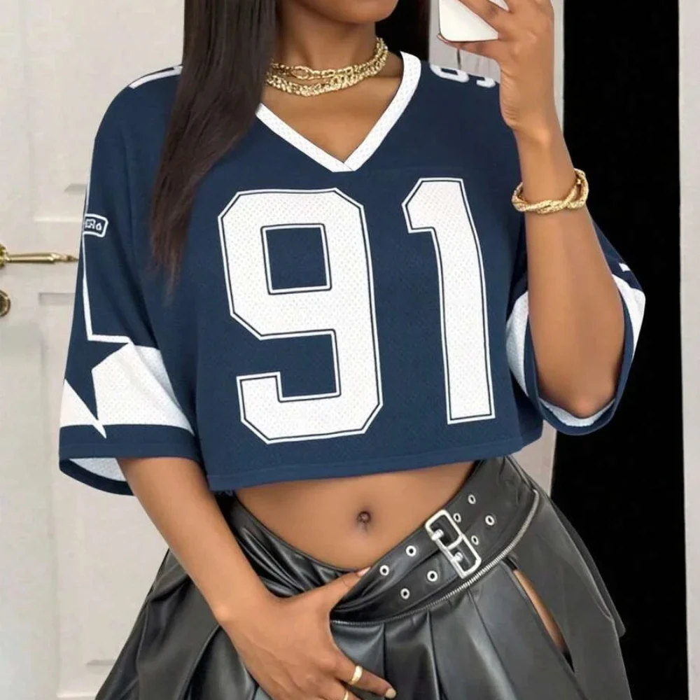 Y2k الصيف النساء موضة الرياضة تي شيرتات قصيرة الاكمام الأمريكية عادية الطباعة الرقمية بسيطة فضفاضة المحاصيل الأعلى الخامس الرقبة تنوعا الفانيلة