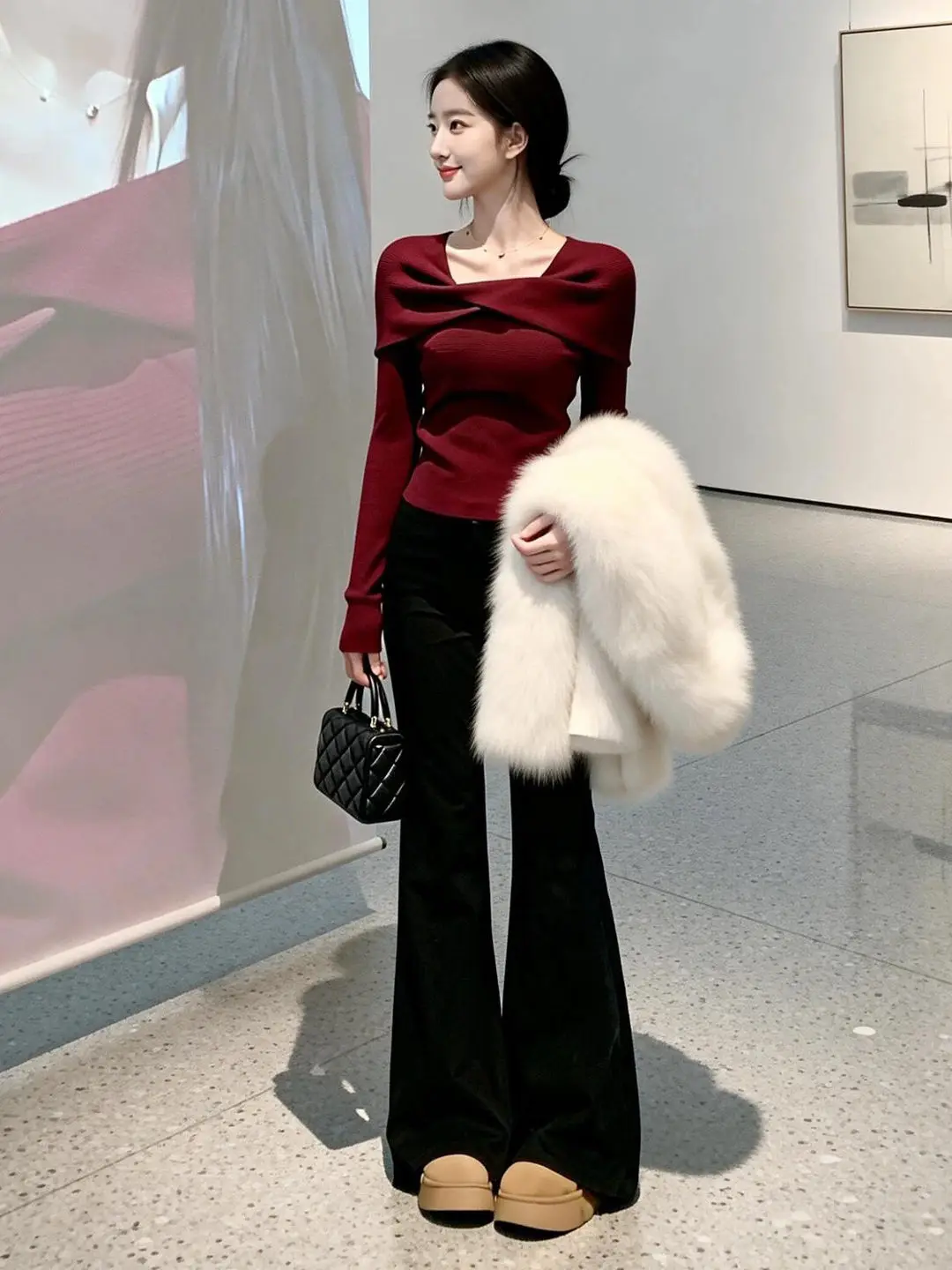 

Красный вязаный свитер женский, модный, в стиле легкой зрелости, для ношения под одеждой, новогодний топ, корейский стиль, приталенный, средней толщины