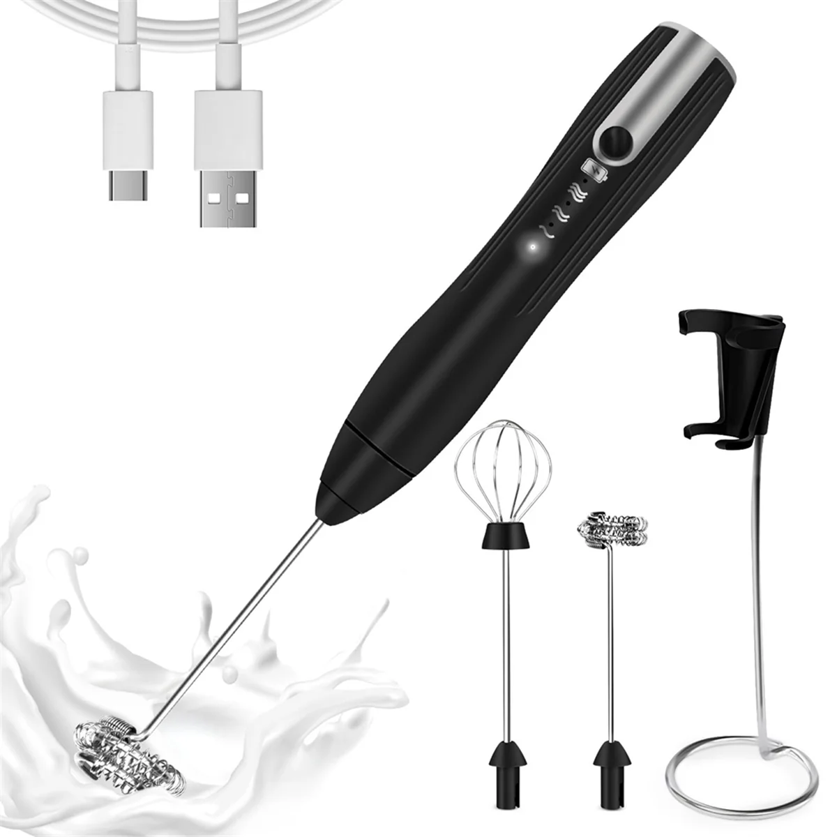 Rechargeable Milk Frother Handheld with 3 Speeds, Powerful Whisk Drink Mixer with 2 Head for Coffee, Foam Maker Black