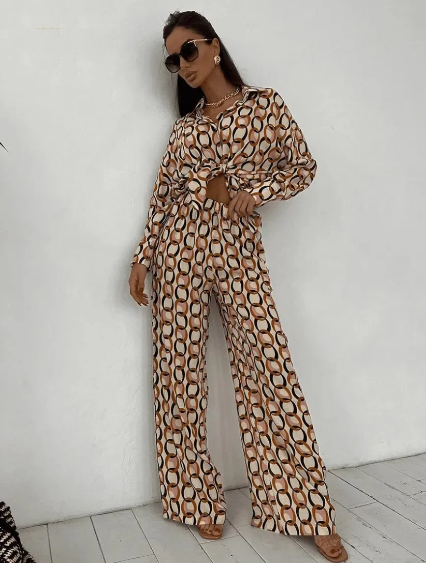 Printed Shirt Pants Set Pajamas for Women Loose Turn-down Collar Single Button Top Pants Suit Sleepwear Female Casual Outfits