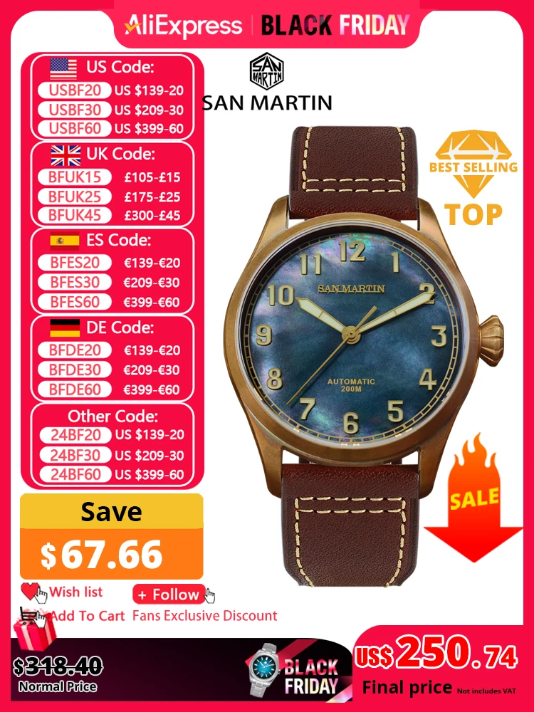 San Martin MOP Dial 42mm CuSn8 Bronze Diver Retro Men Watch PT5000 Automatic Mechanical Watch Sapphire Waterproof 200m Luminous