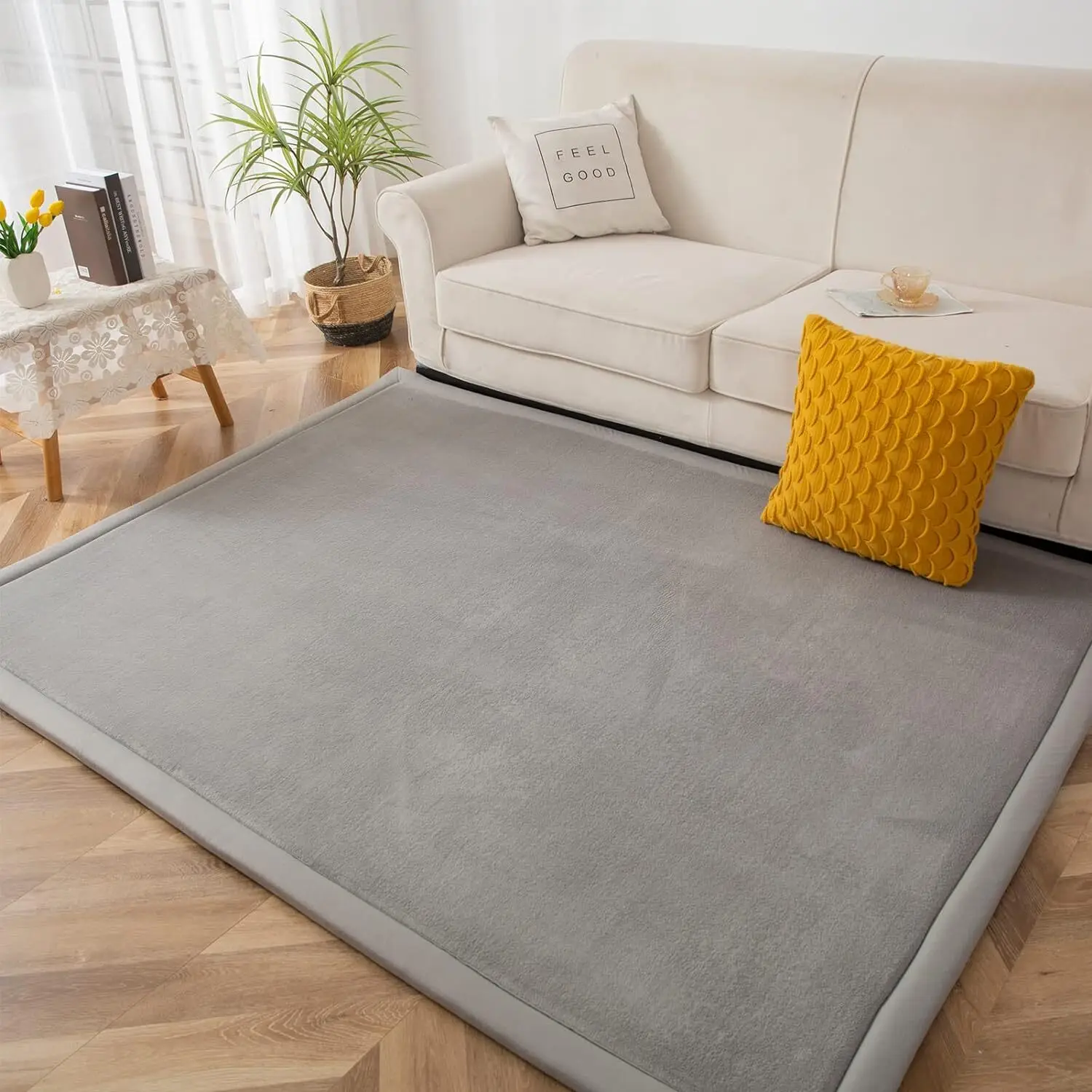 Grey Coral Velvet Area Rug, Thick Japanese Tatami Mat Living Room Carpet with Non-Slip Backing, Large Solid Color Mat