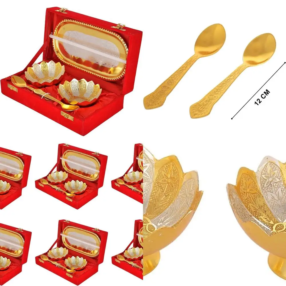 

6-Piece Gold-Plated Bowl, Spoon, and Tray Set for Diwali, Christmas, and Wedding Gifts - Perfect for Dry Fruits and Desserts