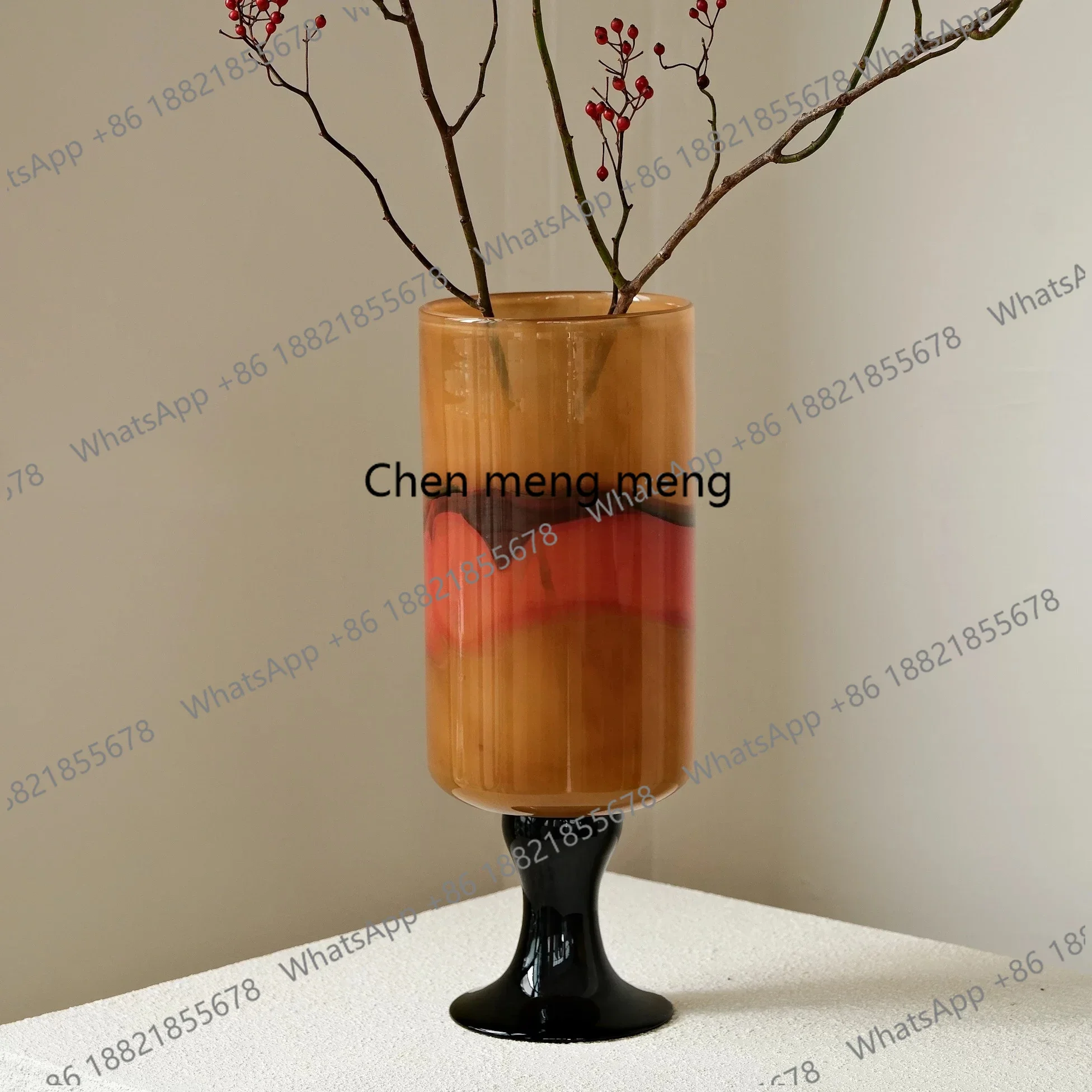 A74New Chinese style, brown high-end sense, glazed glass vase ornament, soft flower arrangement, housewarming gift.