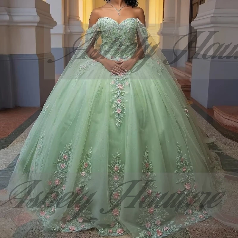 Customized Elegant Lime Green Flower Applique Lace Up Ball Gown Prom Party Dress Vestido De xv Anos Quinceanera Dres Wth Cape