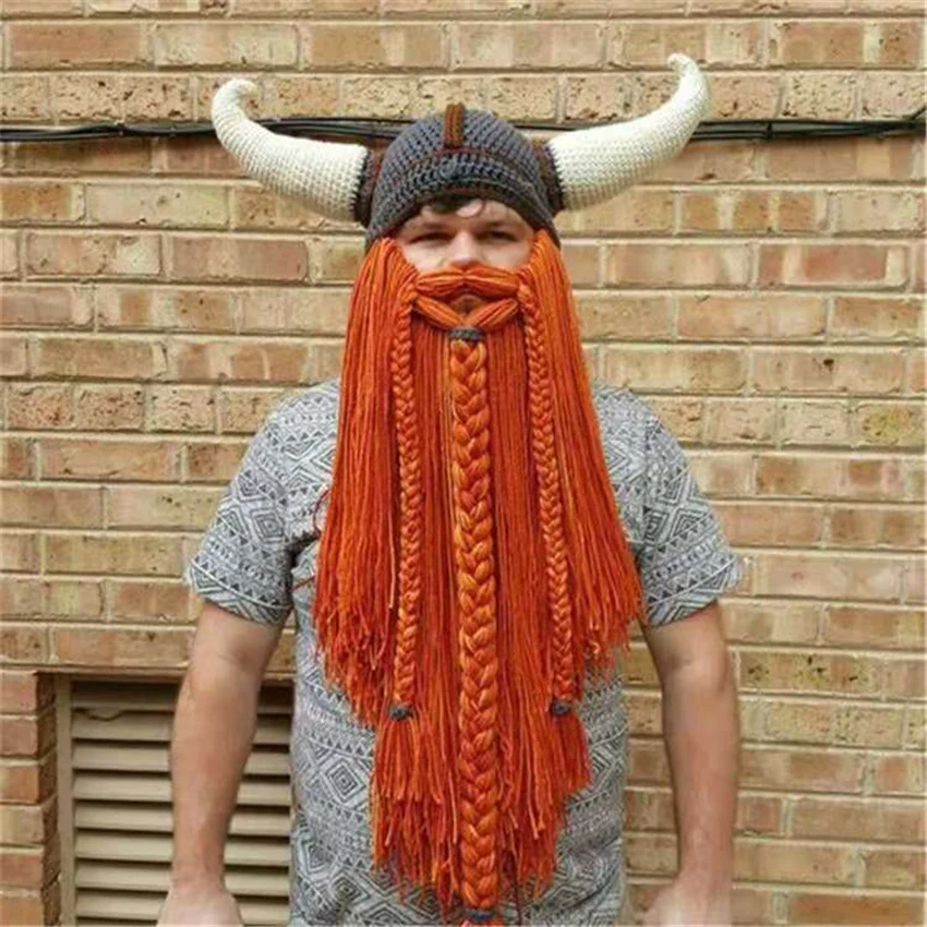 Personality Party Cos Bearded Vikings Horns Funny Beanies Skull Hat Fall Winter Halloween Dwarves Blacksmith Cold Cap W188