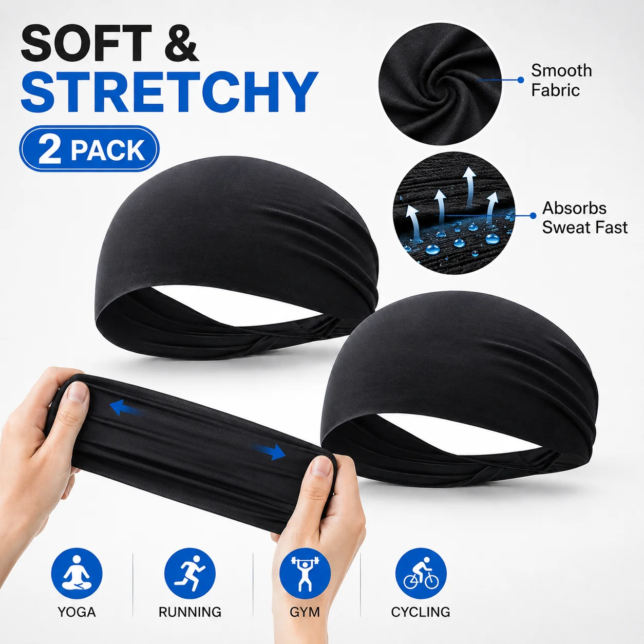 2Pack Soft Stretchy Sports Sweat Headbands Quick Absorb Moisture Non Slip Workout Hair Bands For Yoga Running Gym Cycling Fitness Unisex Daily Hair Accessory