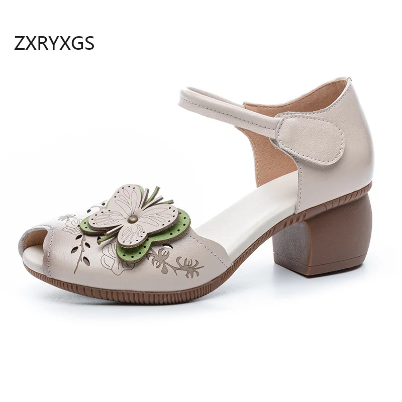 ZXRYXGS Premium Cowhide Fish Mouth Bow Summer Fashionable Sandals 2025 Fresh Sweet Women Real Leather Sandals Thick Mid Heels