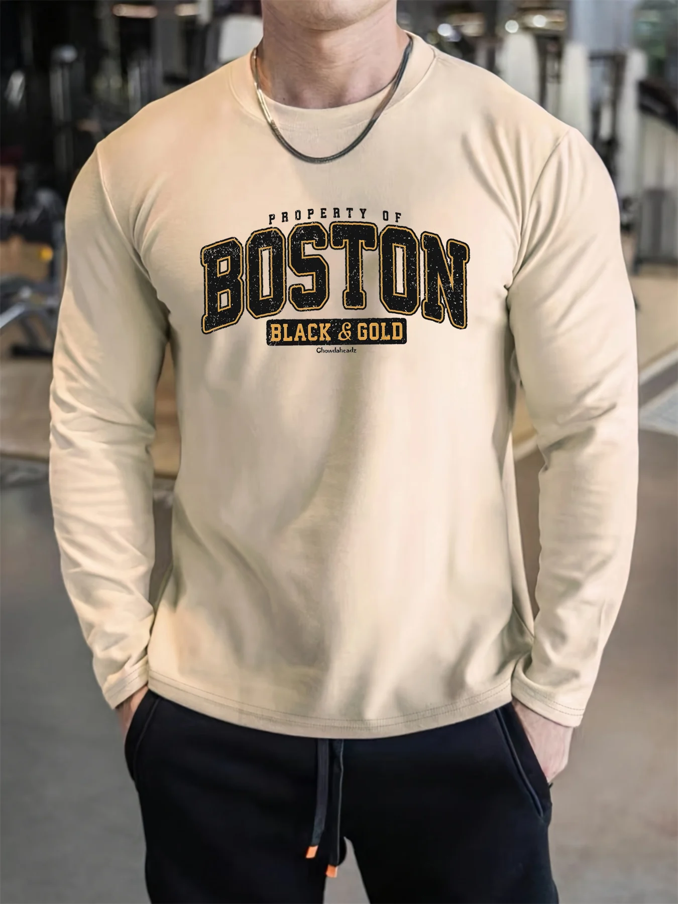 100% Pure Cotton Men's Long Sleeved Round Neck Loose Casual Boston Letter Printed Spring and Autumn Versatile T-Shirt Top