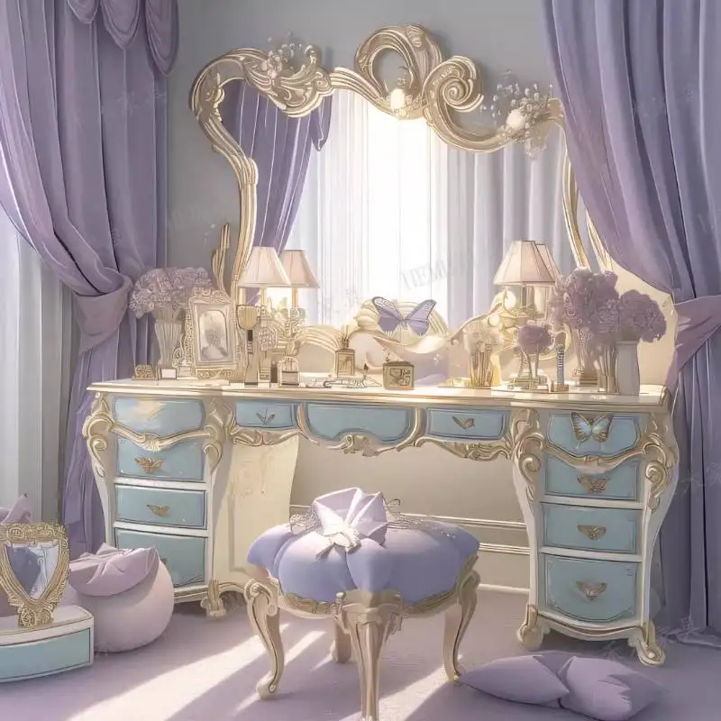 

Luxury Storage Makeup Vanity Desk Glossy Hidden Mirror White Makeup Vanity Desk Modern Europa Komody Master Bedroom Furniture