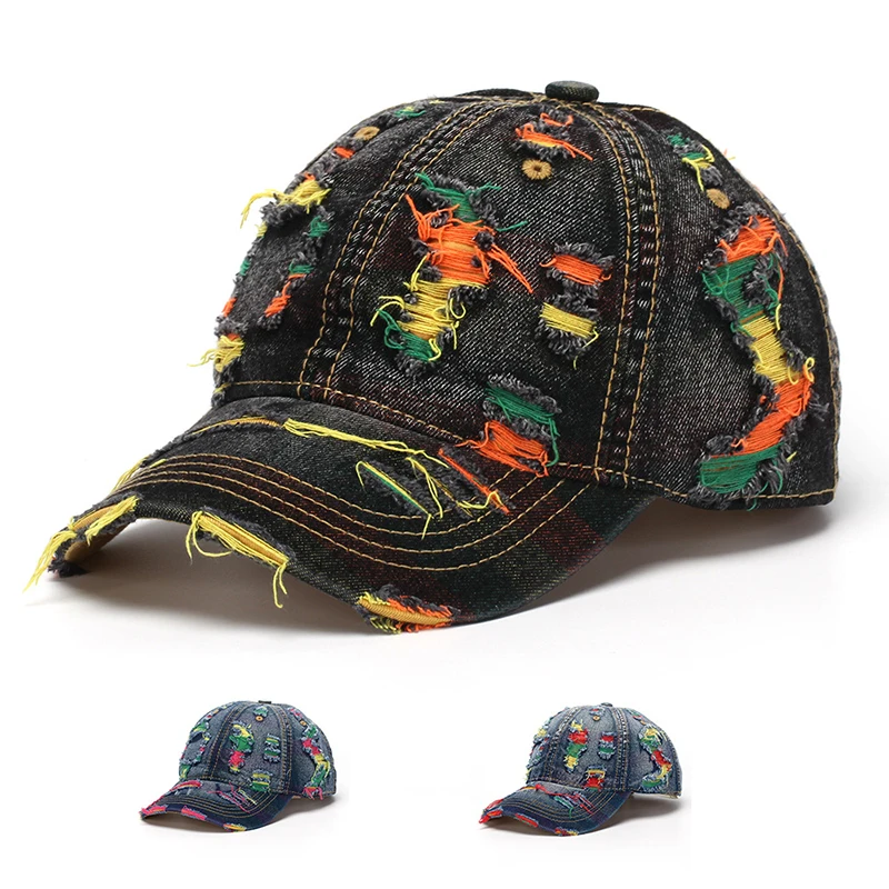 New Fashion Men Women Cool Tear Style Hole Vintage Colorful Lines Hat Female Casual Outdoor Trend Streetwear Denim Baseball Caps