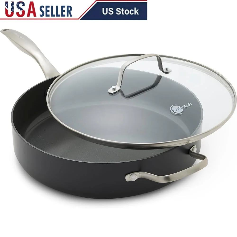 

Hard Anodized Sauté Pan with Lid 5QT Nonstick Ceramic PFAS PFOA Free Metal Utensil Safe Dishwasher Oven Stovetop Compatible