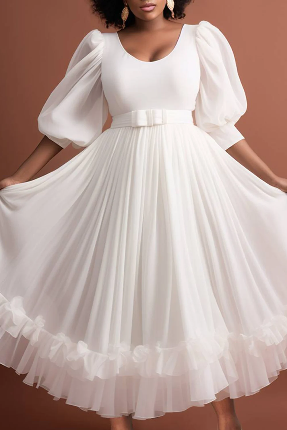 Women Plus Size Wedding White Dress Puff Sleeve Short Sleeve Ruffle Chiffon Elegant Mesh Pleated A-Line Sweet Maxi Dresses 2024