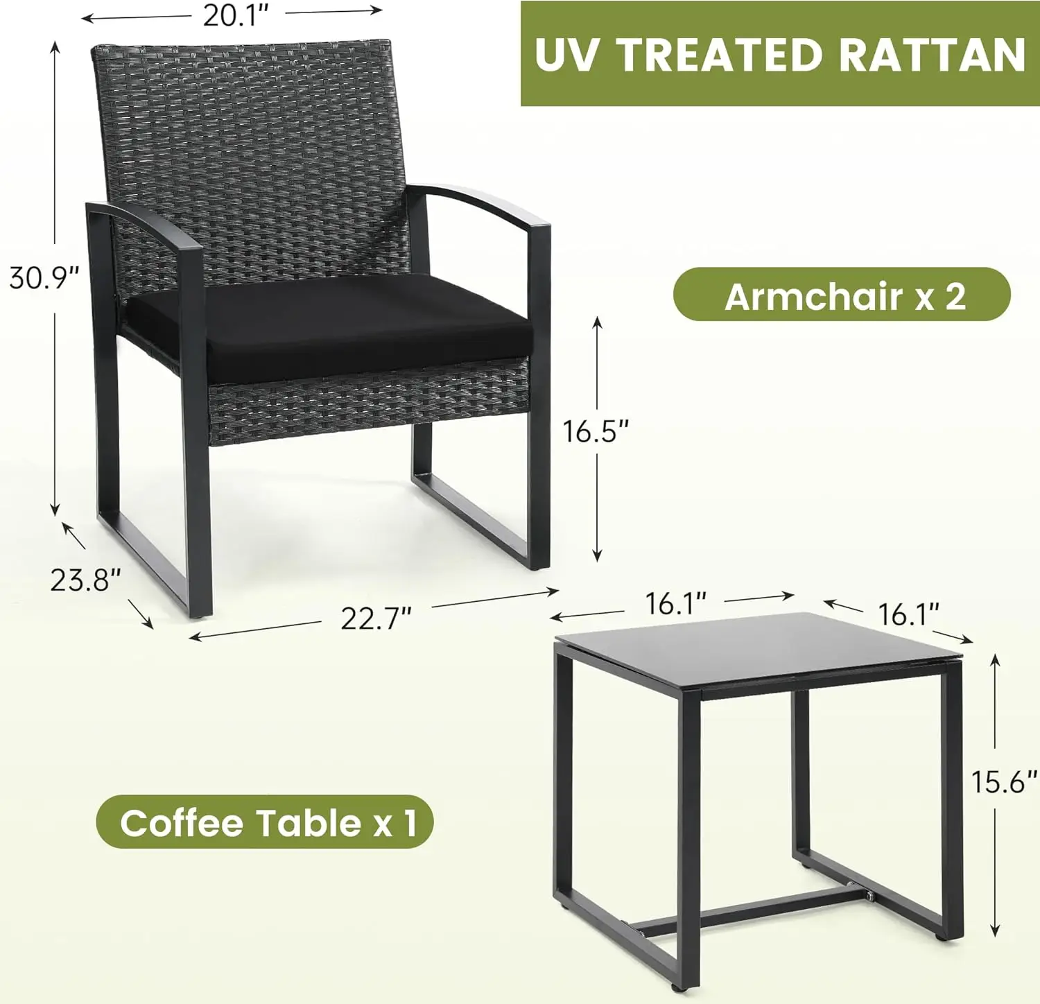 3-Piece Rattan Patio Bistro Set, black frame with cushions, matched coffee table for balcony, garden and poolside image 4