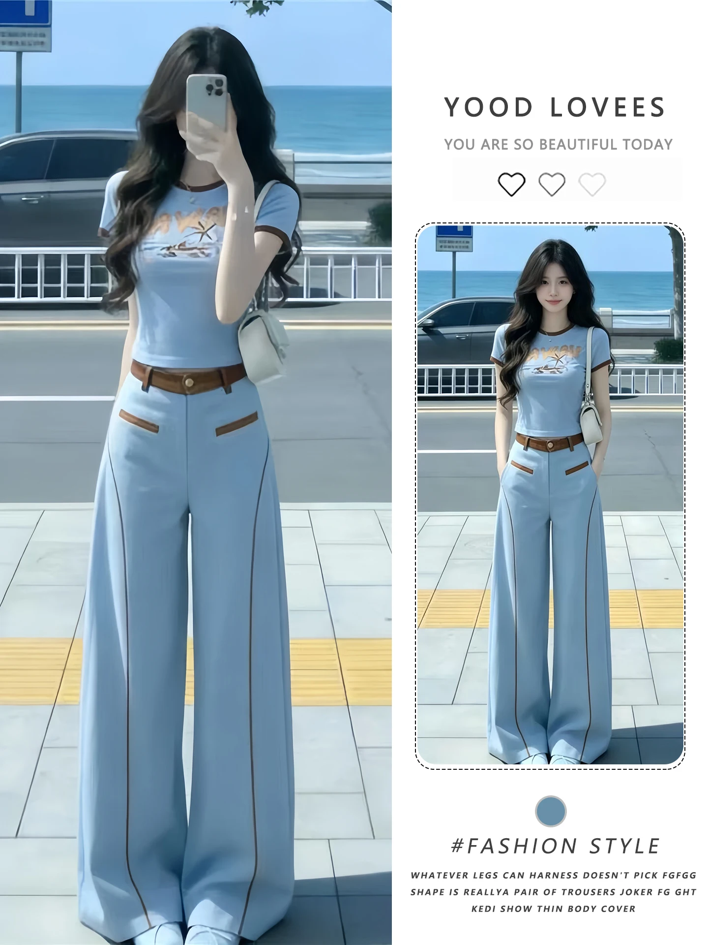 Summer 2026 New Style Sportswear Set for Women Casual High Waist Wide Leg Pants Short Sleeve Slimming Effect Light Blue