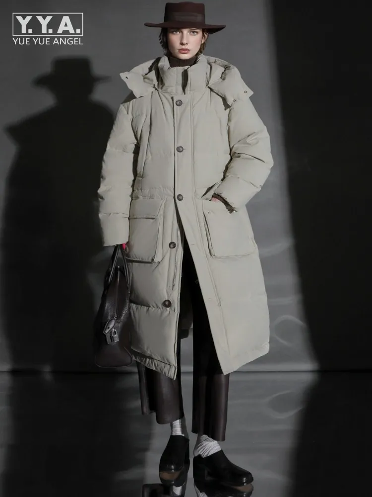 

Designer Winter Women Turndown Collar Down Coat Hooded Warm White Duck Down Jacket Long Puffer Jackets Casual Office Lady Coats