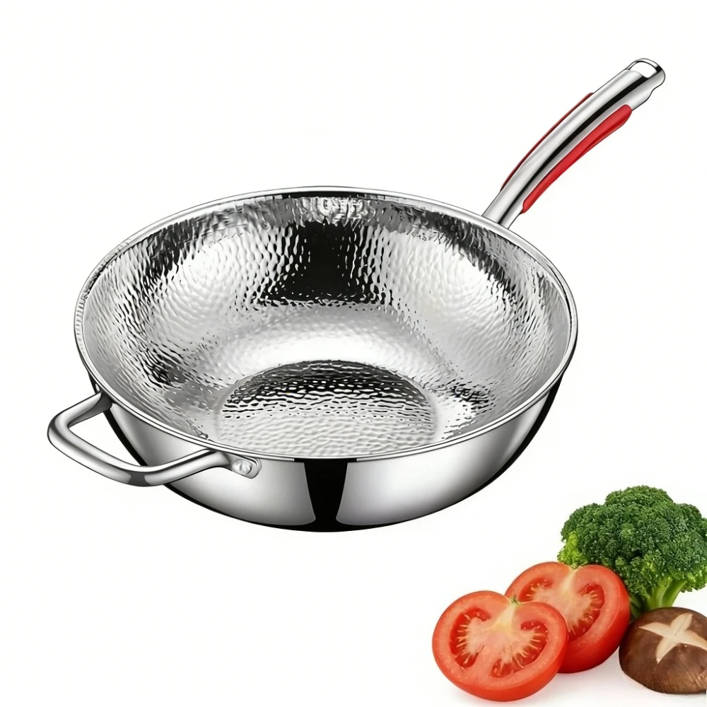 Uncoated Wok Nonstick Cooking Flat Bottomed Skillet Household Stainless Steel Frying Pan Scratch Resistant Kitchen Cookware