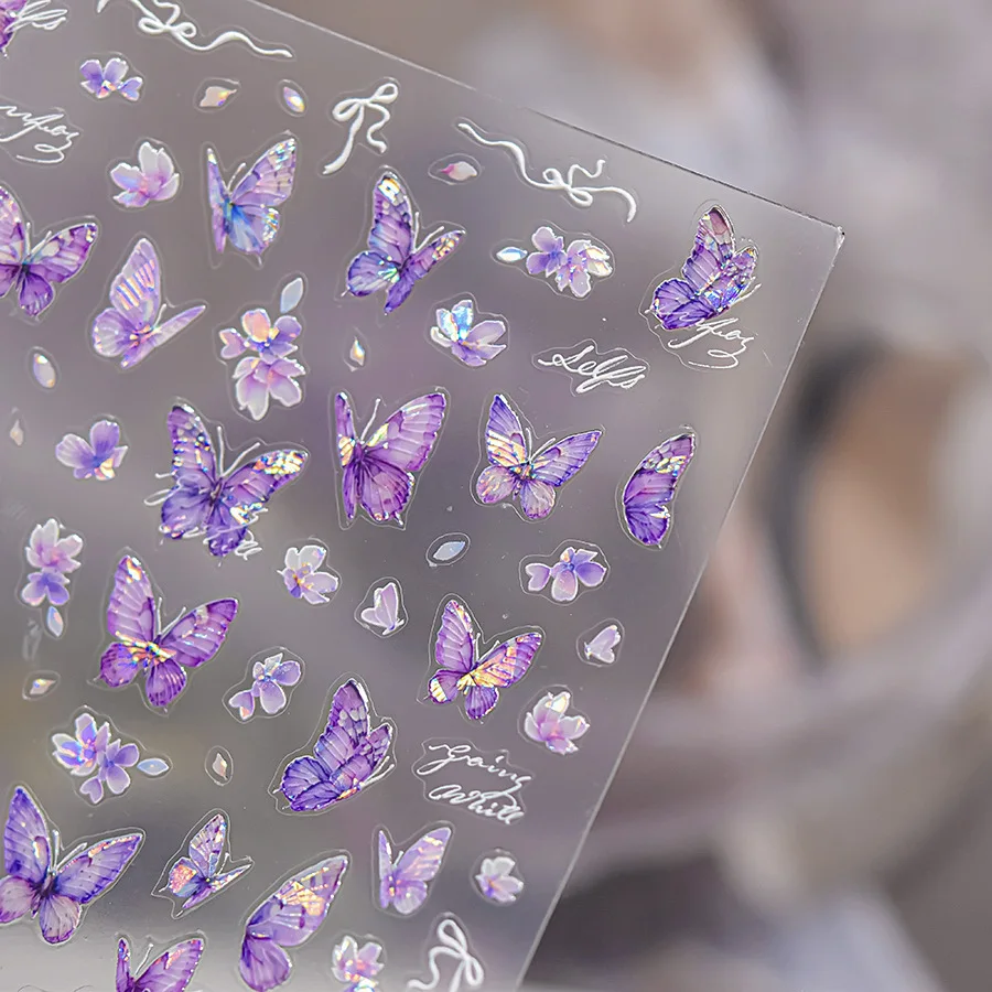 Enchanting Purple Butterfly 5D Nail Art Sticker Shiny Flower Petals Bowknot Animals Insects Adhesive Decoration Manicure Decal