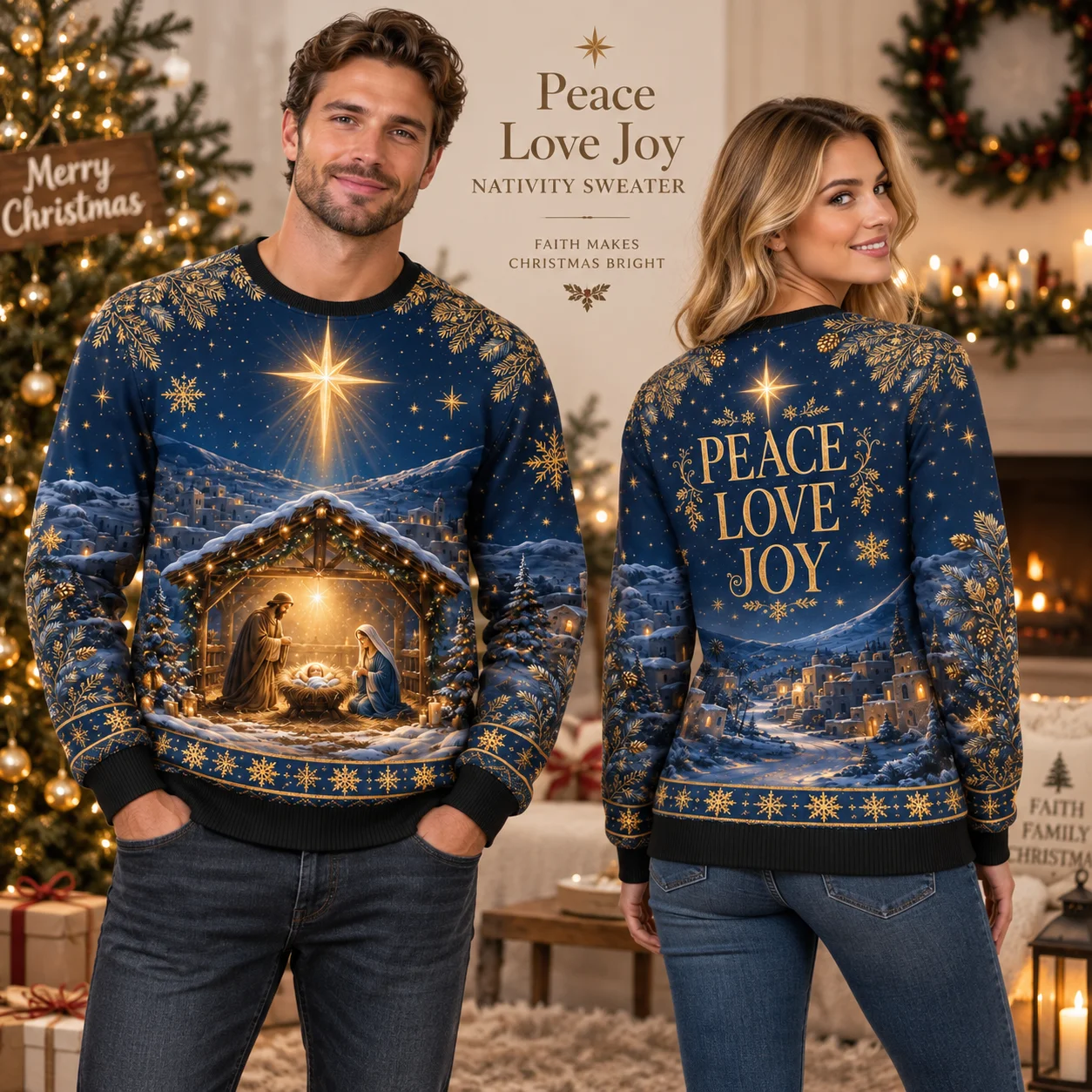 New Peace Love Joy Ugly Christmas Sweater, Nativity Scene Holiday Sweaters for Men Women with Starry Christmas Winter Art