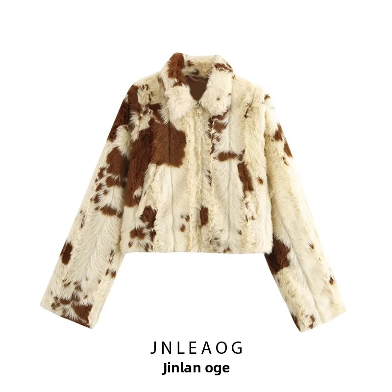 JNLEAOG Autumn New Women's Faion Wind Pattern Print Artificial Fur Effect Jaet ort Outerwear Polyester Fiber Collar