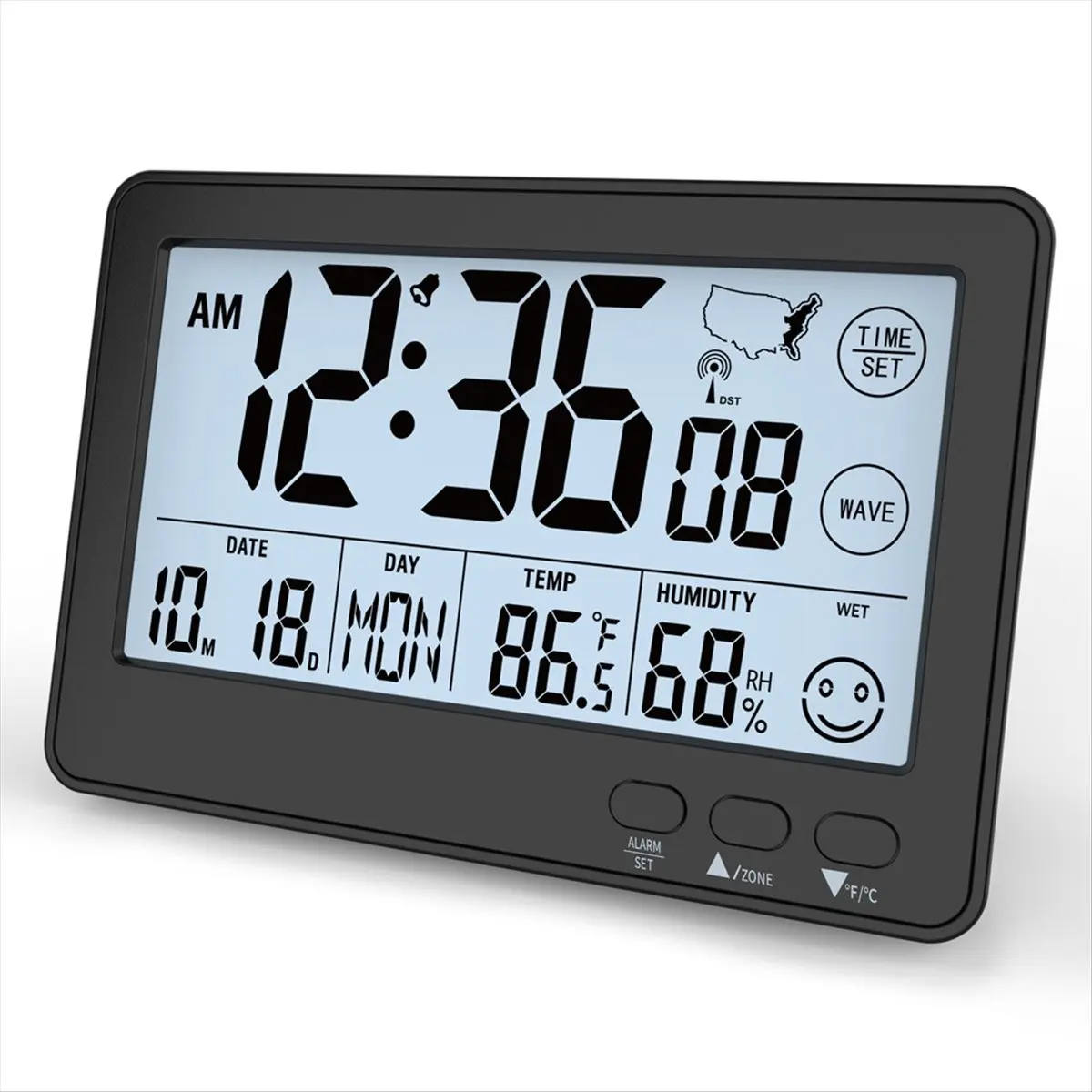 A32I Small Desk Atomic Clock, Auto Set Digital Desk Clocks with Temperature, Humidity and Date,Alarm Clock for Bedroom,Office