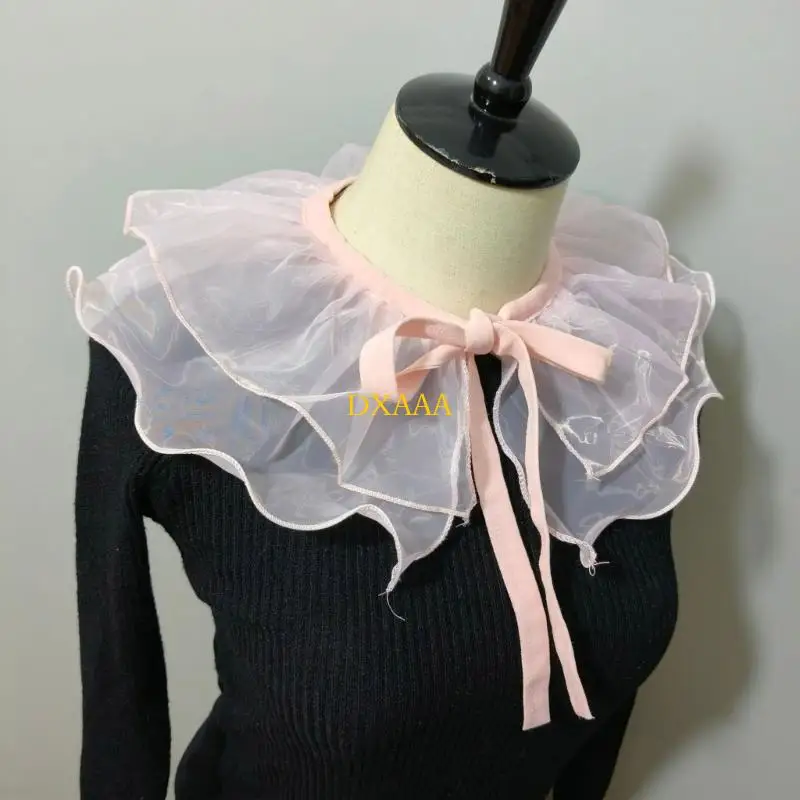 DXAA Stylish Women Pink Organza Detachable False Collar Double Layer Ruffled Shawl Wrap Capes for Collarless Shirt and Dress