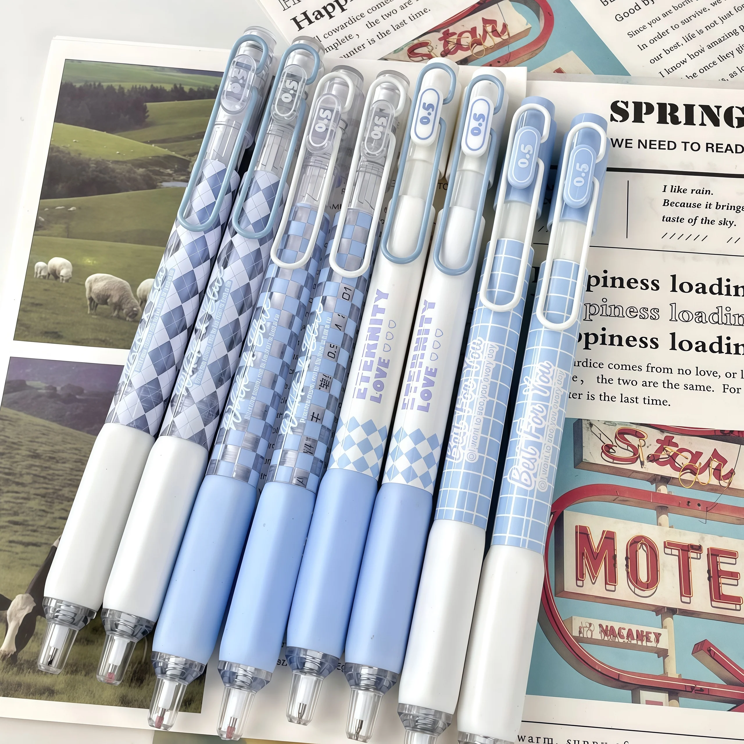 Blue-And-White Checkered Retractable Gel Pen - High-End Grid Pattern, Vibration-Dampened, Quick-Drying St Nib, Ideal for