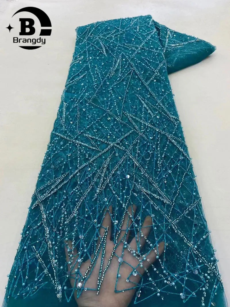 

African Nigerian 2024 High Quality Beaded Tulle Groom Embroidery Sewing Sequins Net Cloth Beads Prom Dresses Lace Fabric 5 Yards