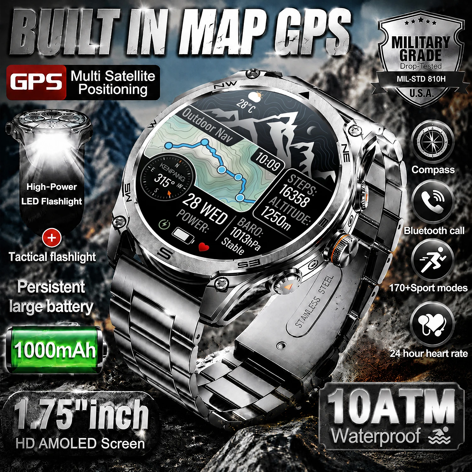 

2026 New Military Smart Watch 1000Mah Battery GPS trace Compass 10ATM Waterproof Tactics Sport Flashlight call Smart Watch Men