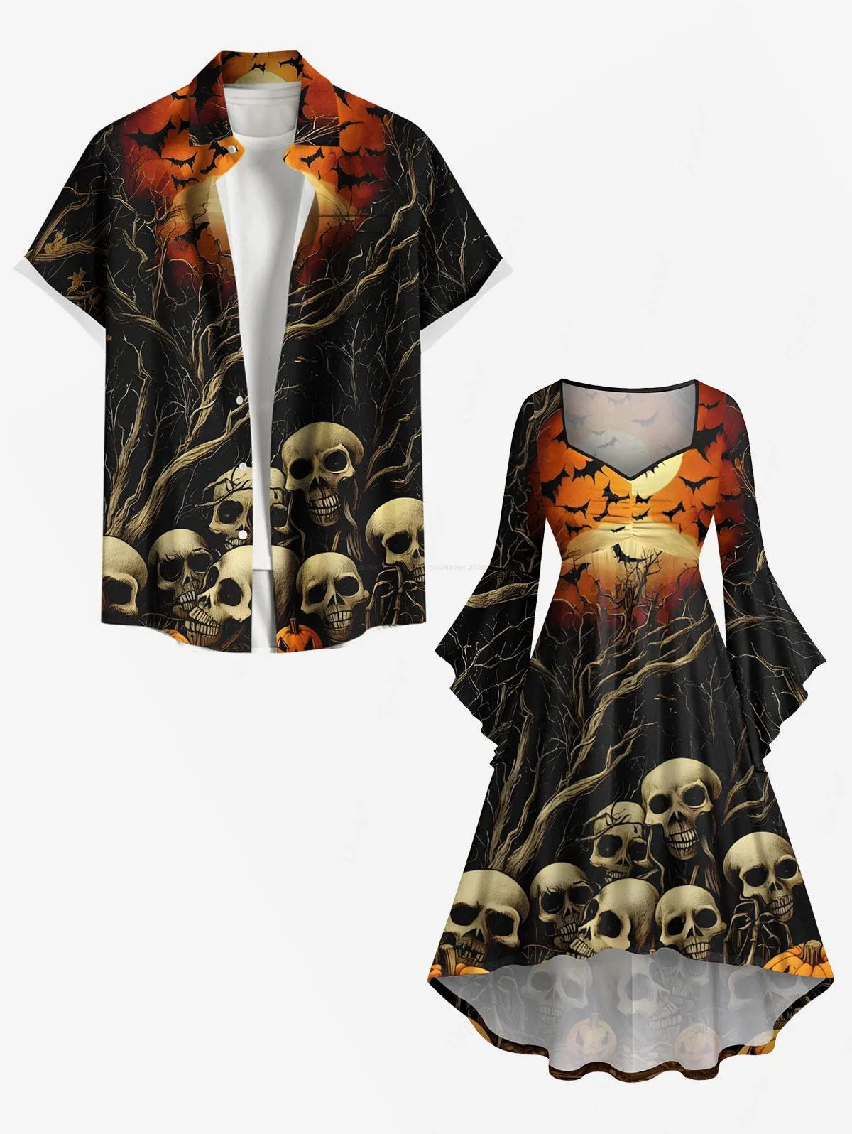 Rosegal halloween crânios abóbora morcego lua árvore impresso alto baixo assimétrico vestido e camisa plus size roupa combinando para casais