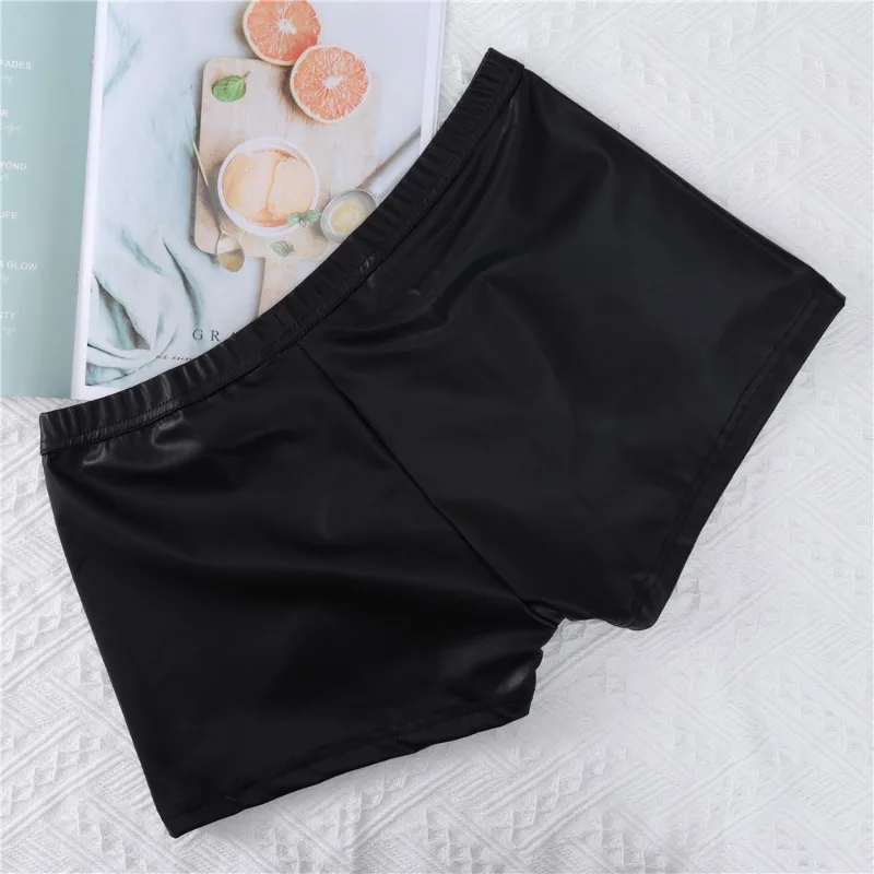 Sexy Men Boxers Button Fly Open Crotch Lingerie Club Show Stage U Convex Pouch Black Patent Leather Shorts Roleplay Underwear