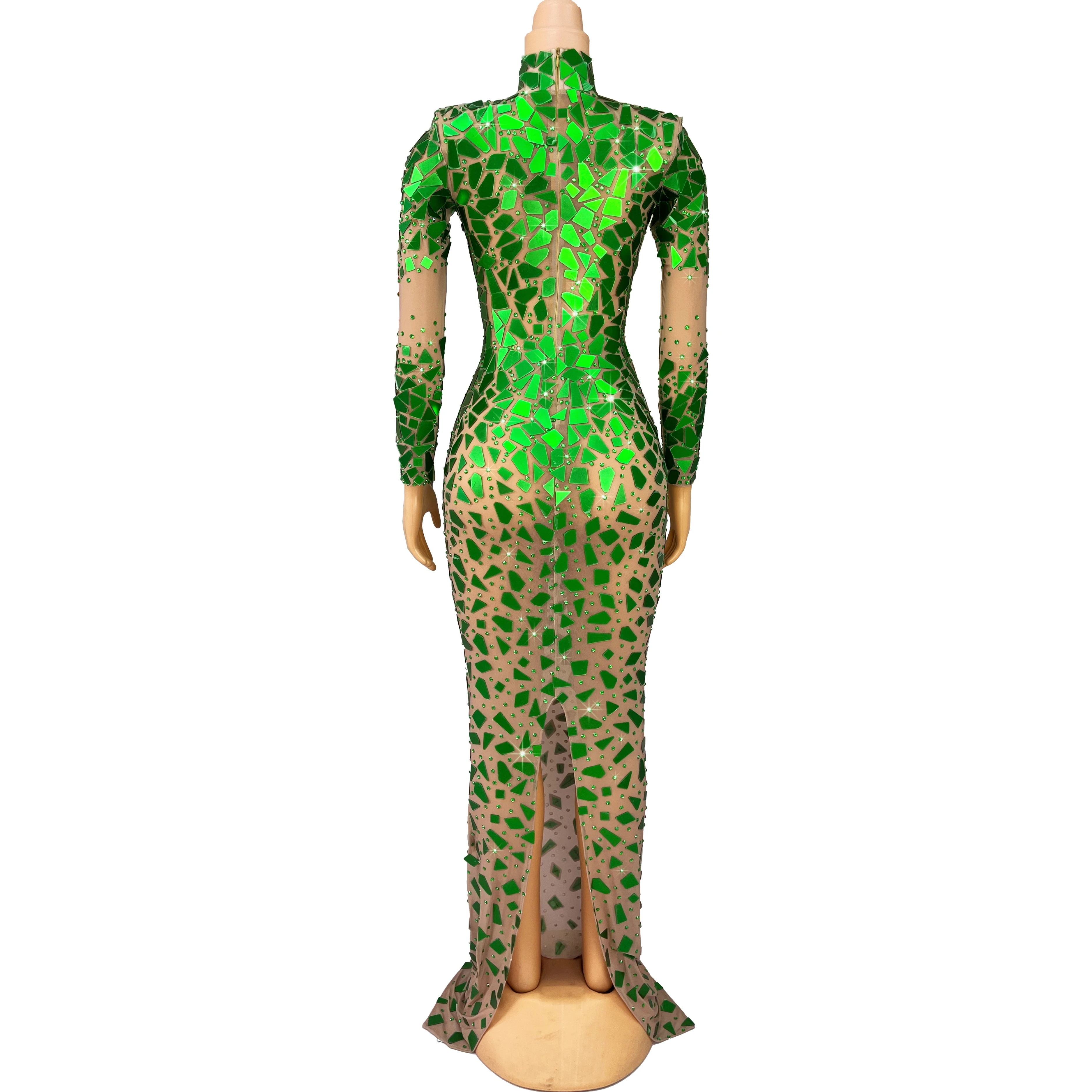 Shiny Green Mirrors Rhinestones High grade Gown Long Sleeves Mesh Dress Evening Prom Outfit Show Stage Perform Costume Feicuijia